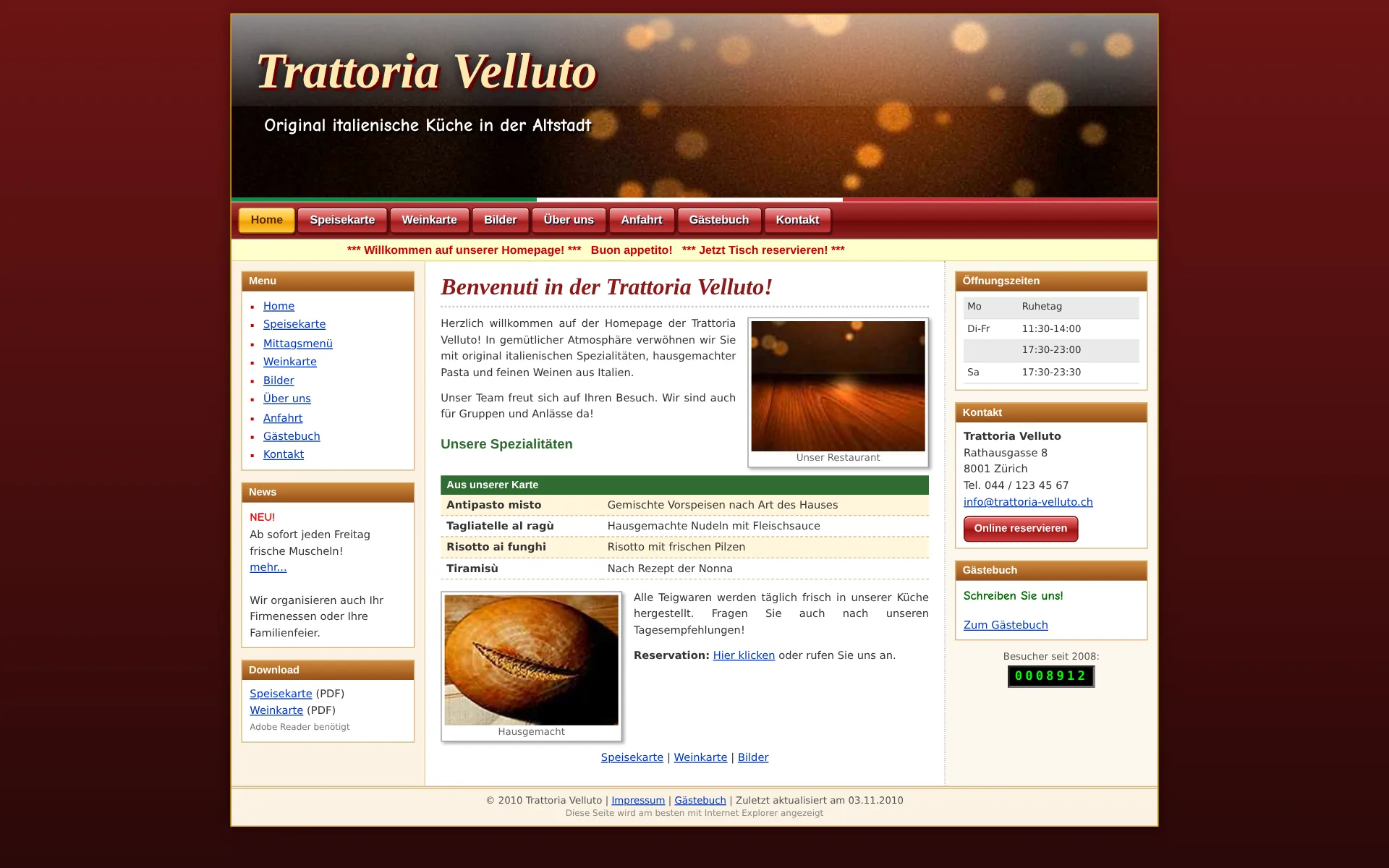 Beispiel-Design: Restaurant, alte Webseite (Trattoria Velluto, fiktive Marke)
