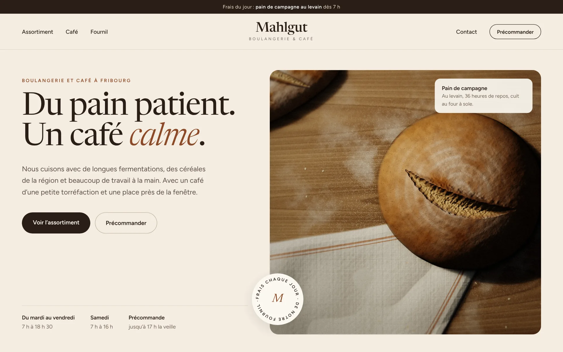 Exemple de design: Boulangerie & café (Mahlgut, marque fictive)