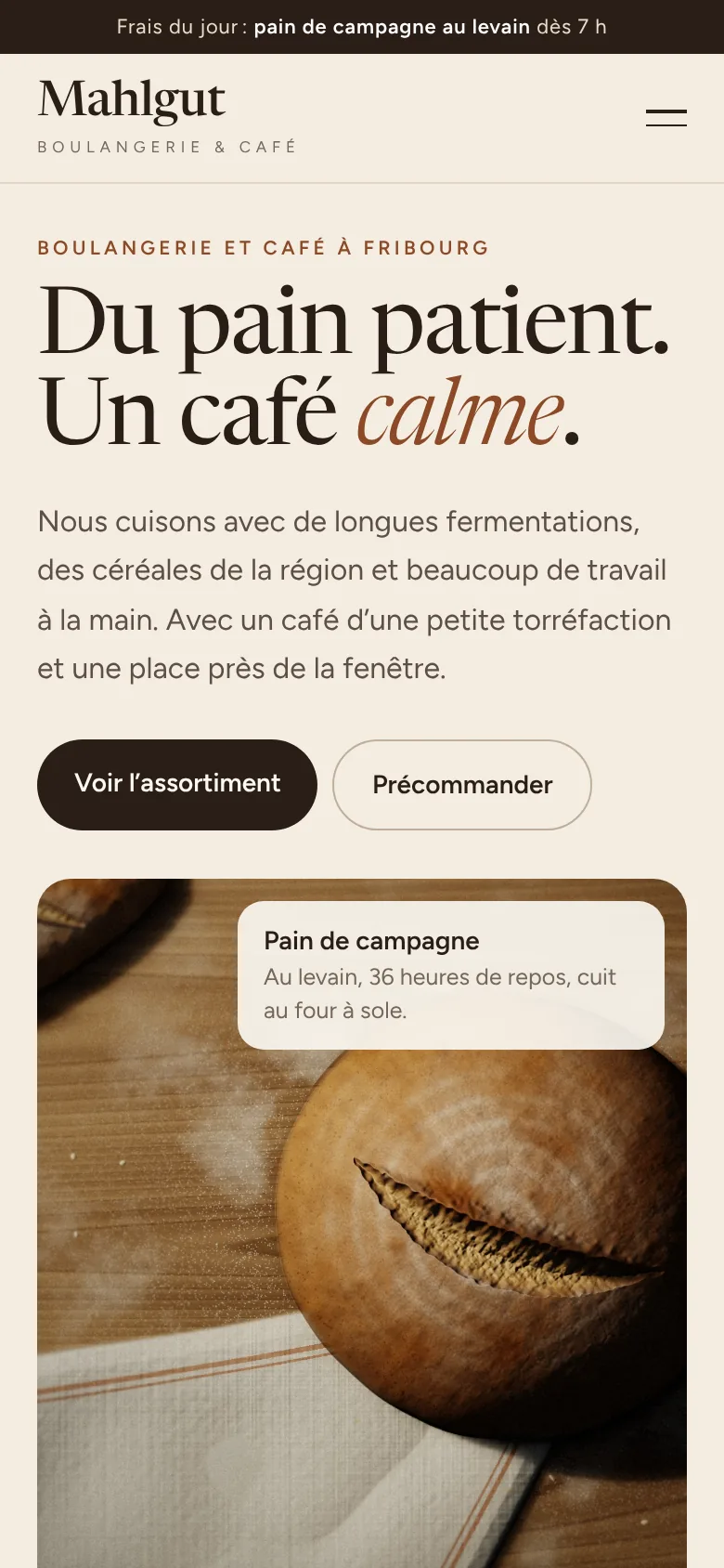 Exemple de design: Boulangerie & café (Mahlgut, marque fictive)