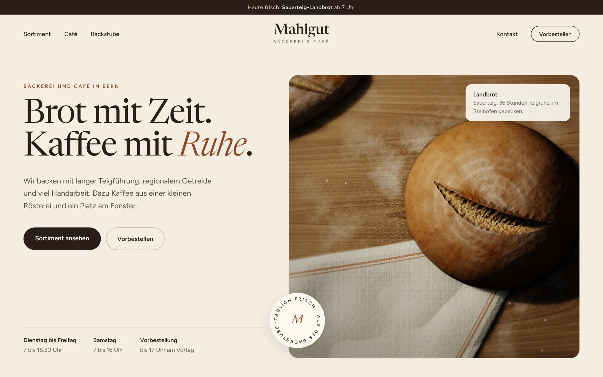 Beispiel-Design: Bäckerei & Café (Mahlgut, fiktive Marke)