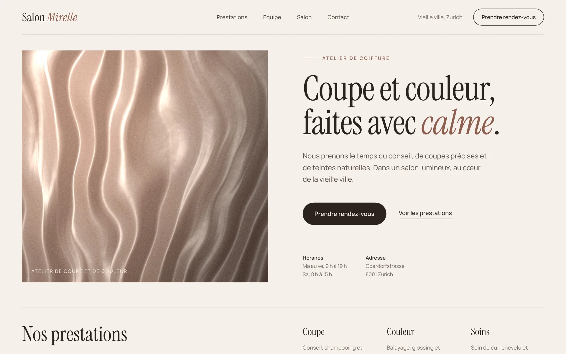 Exemple de design: Coiffeur (Salon Mirelle, marque fictive)