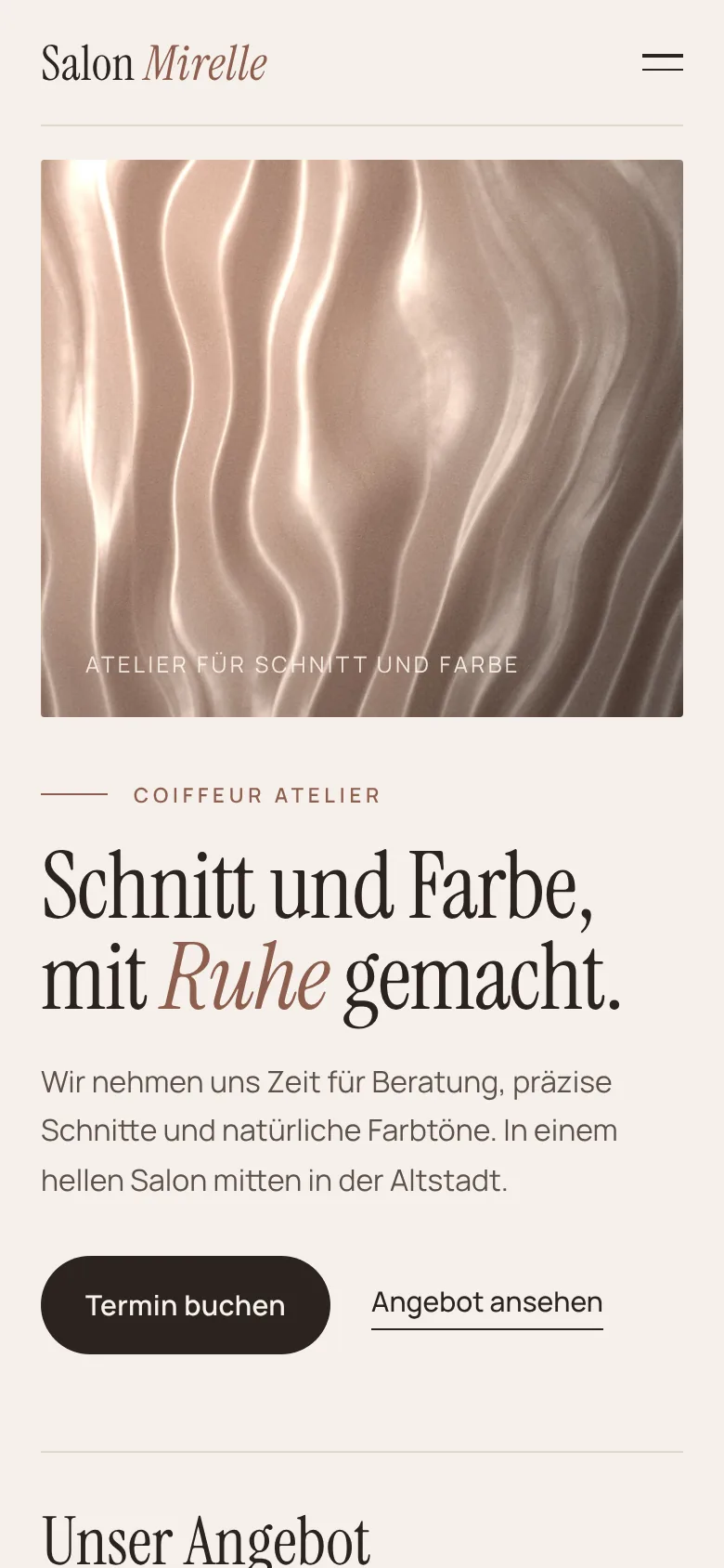 Beispiel-Design: Coiffeur (Salon Mirelle, fiktive Marke)