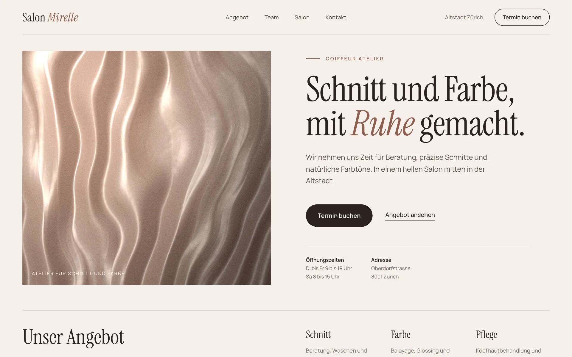 Beispiel-Design: Coiffeur (Salon Mirelle, fiktive Marke)