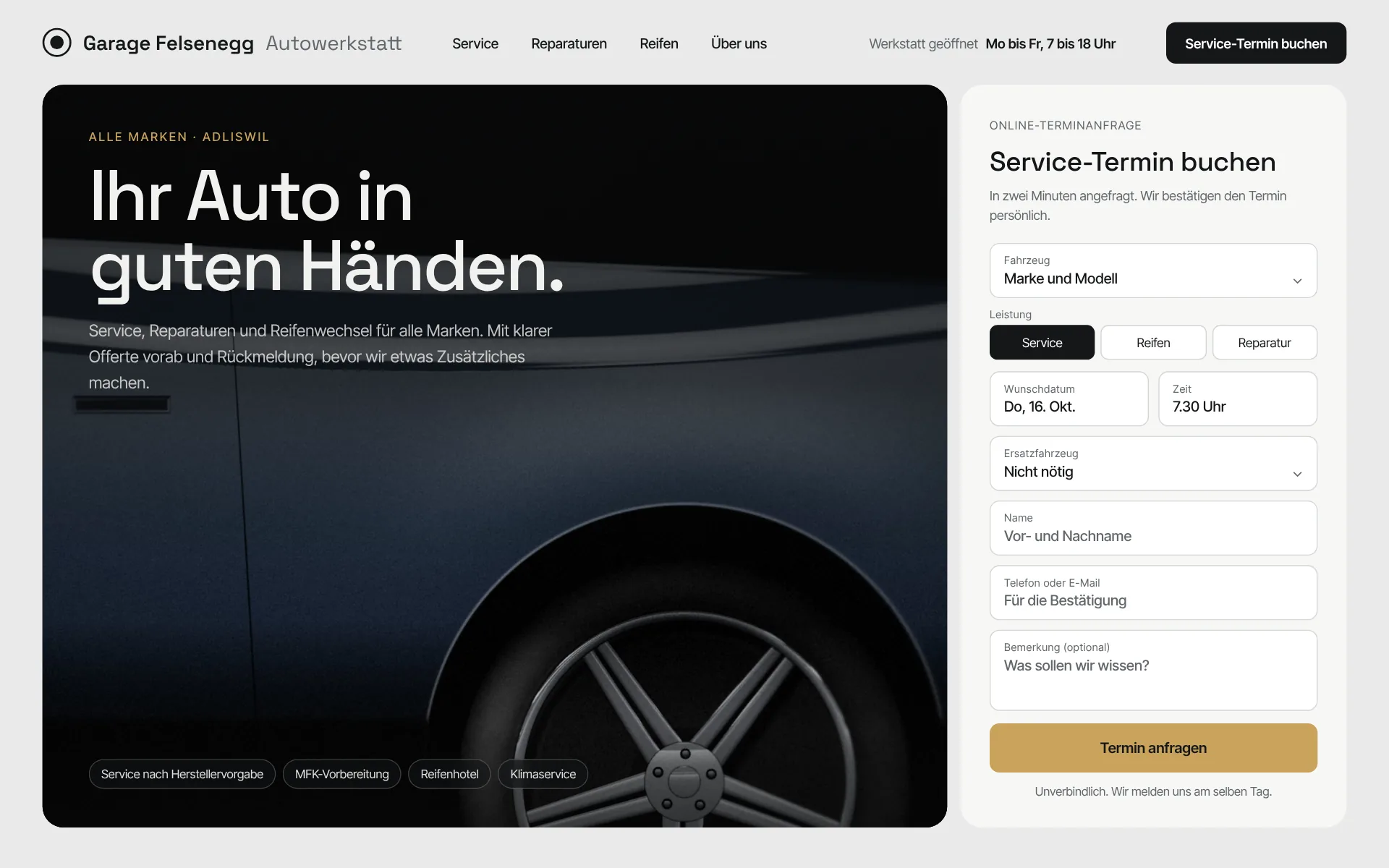 Beispiel-Design: Autogarage (Garage Felsenegg, fiktive Marke)