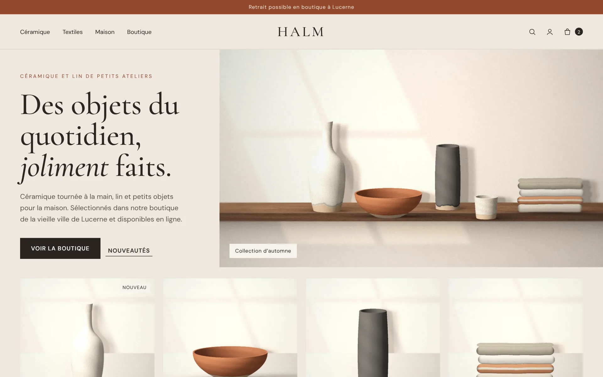 Exemple de design: Boutique & e-shop (Atelier Halm, marque fictive)