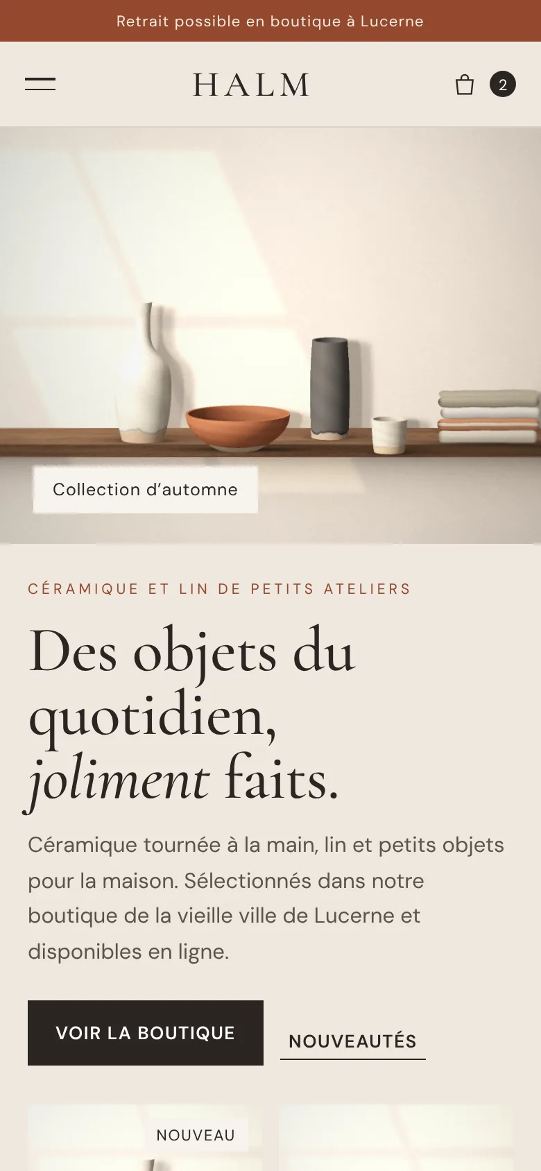 Exemple de design: Boutique & e-shop (Atelier Halm, marque fictive)