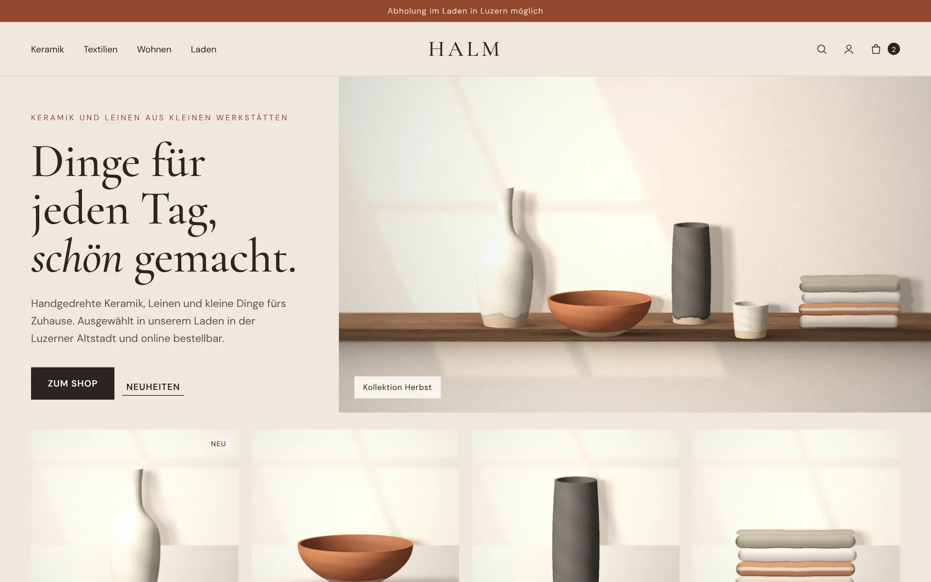 Beispiel-Design: Laden & Onlineshop (Atelier Halm, fiktive Marke)