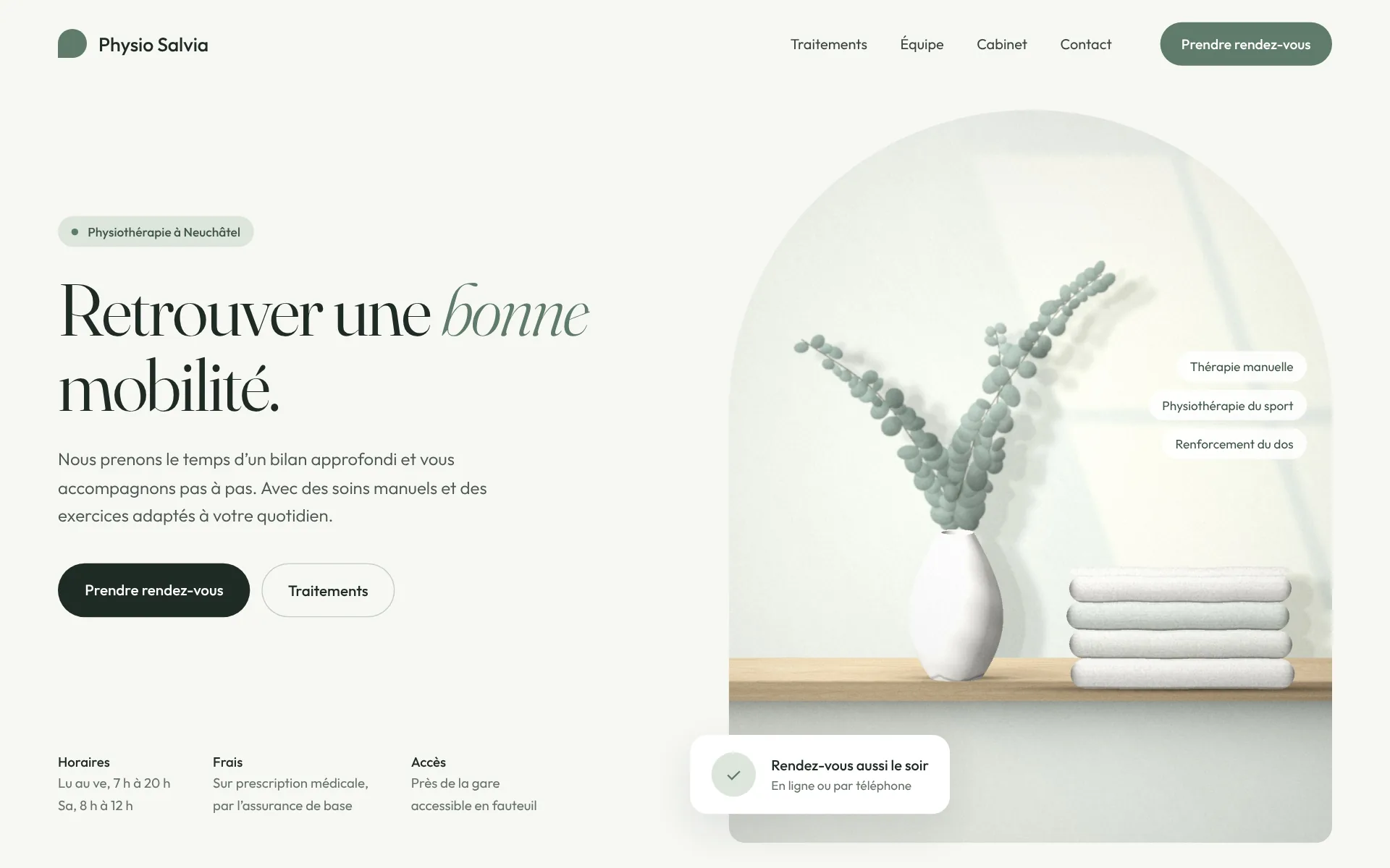Exemple de design: Physiothérapie (Physio Salvia, marque fictive)