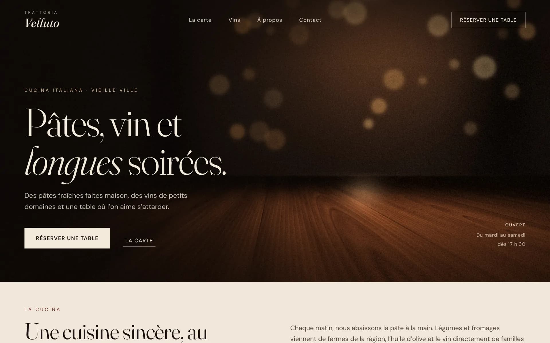 Exemple de design: Restaurant (Trattoria Velluto, marque fictive)