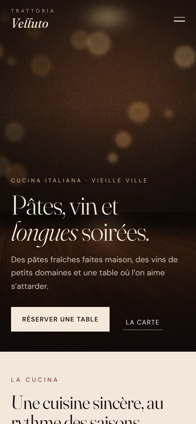 Exemple de design: Restaurant (Trattoria Velluto, marque fictive)