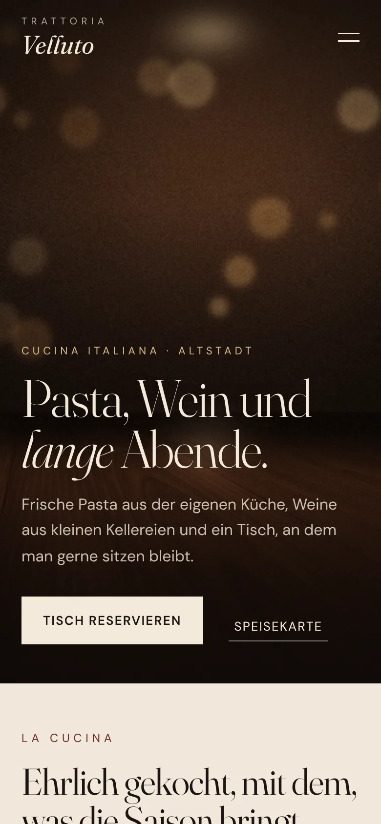 Beispiel-Design: Restaurant (Trattoria Velluto, fiktive Marke)