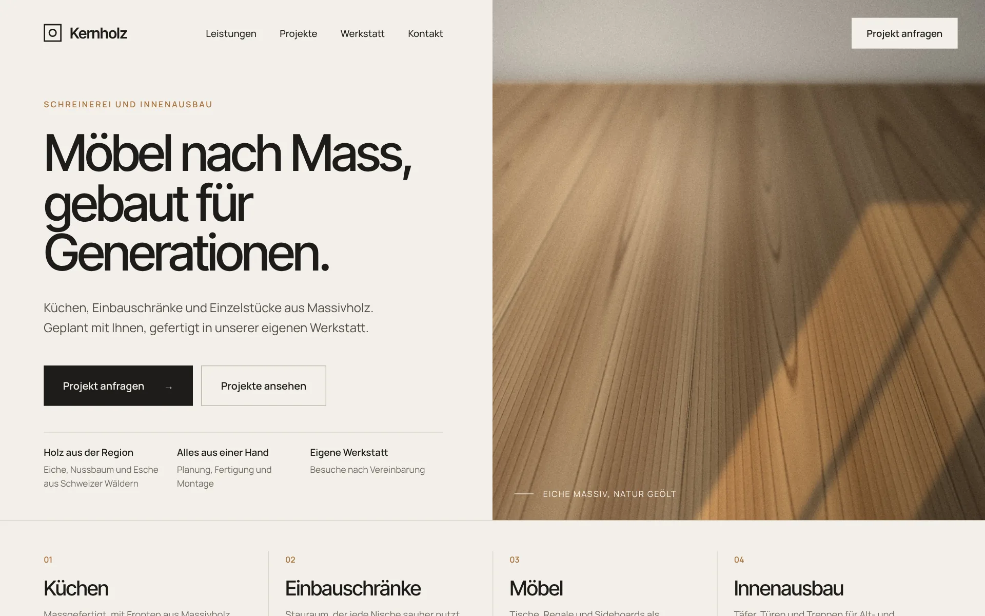 Beispiel-Design: Schreinerei (Kernholz, fiktive Marke)